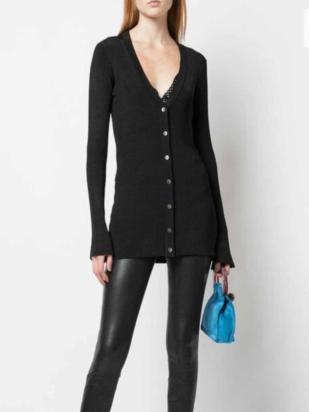 L'AGENCE Lucas Ribbed Long Button Front Cardigan Size S Black V-Neck Timeless